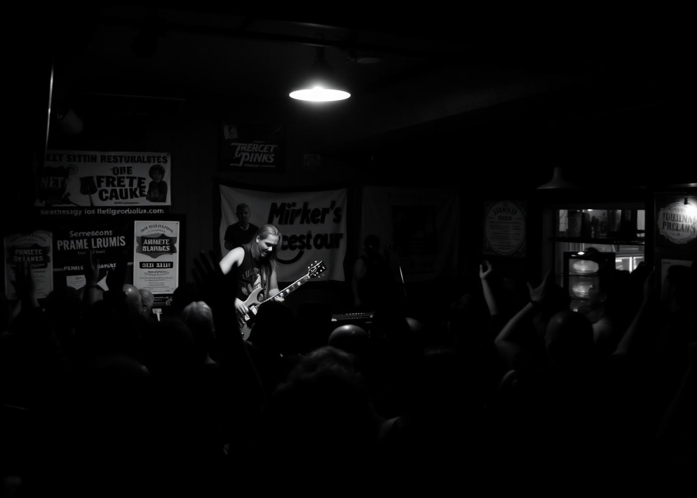 Local punk band performing on stage at Shreddy's with crowd silhouettes