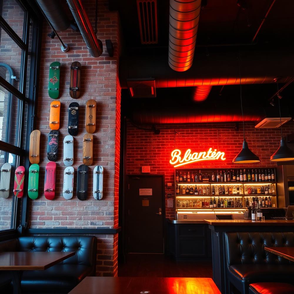 Shreddy's interior with skate decks, neon, and exposed brick